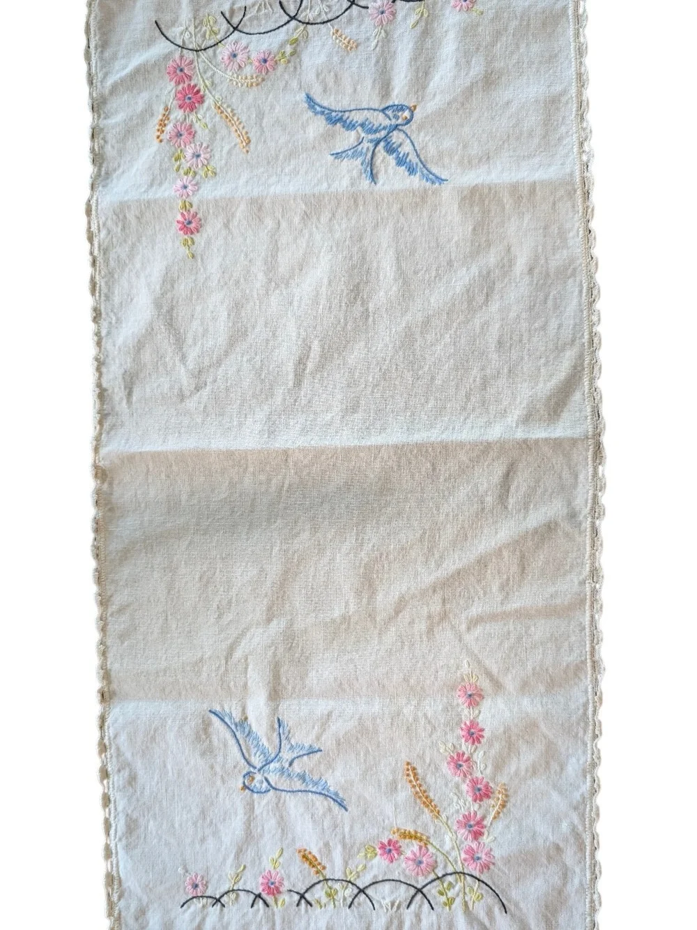Embroidered Blue Bird Floral Table Runner - White